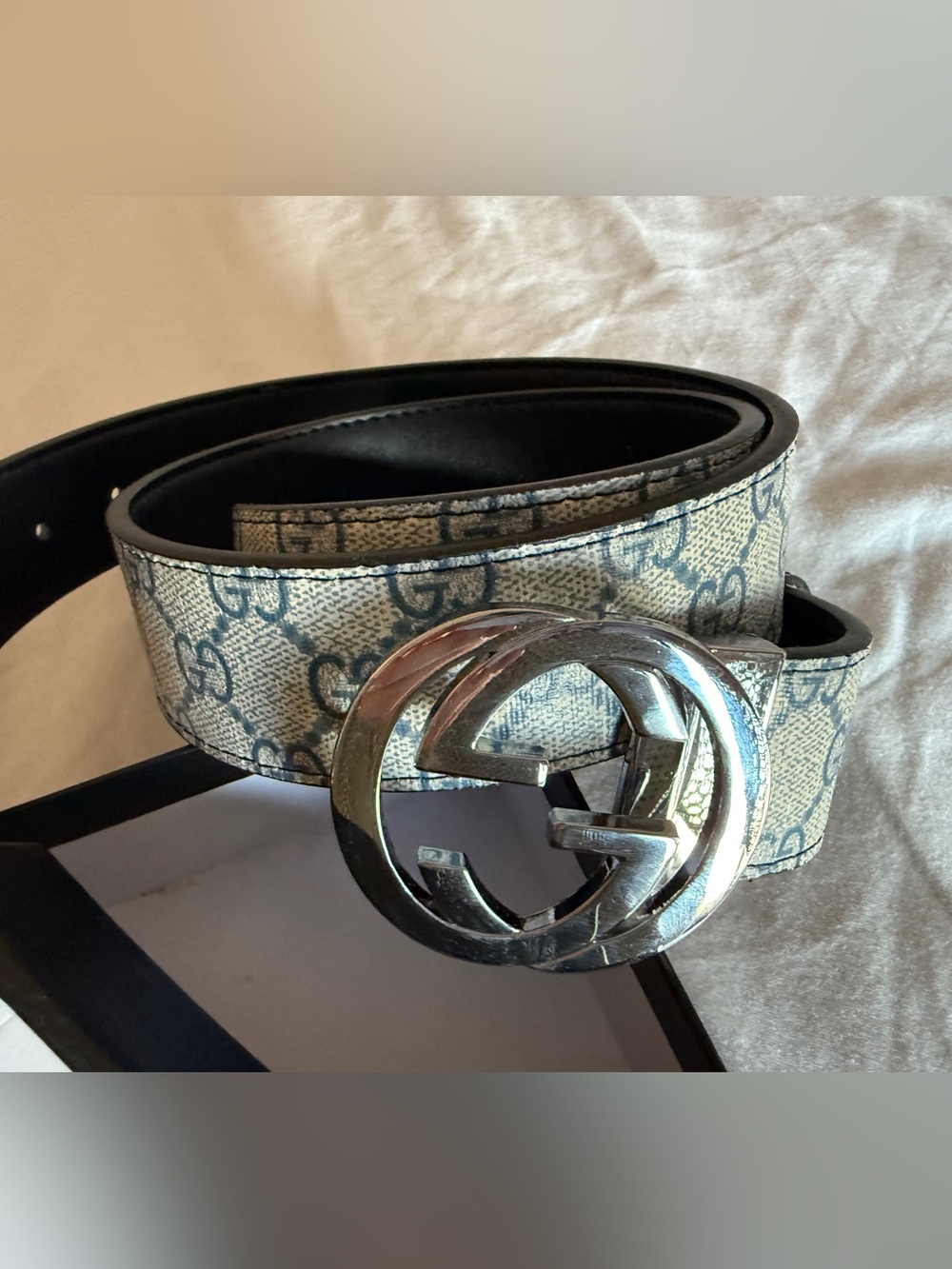 Gucci Men’s Blue GG Supreme Canvas Belt with Silver Interlocking G Buckle 110 cm
